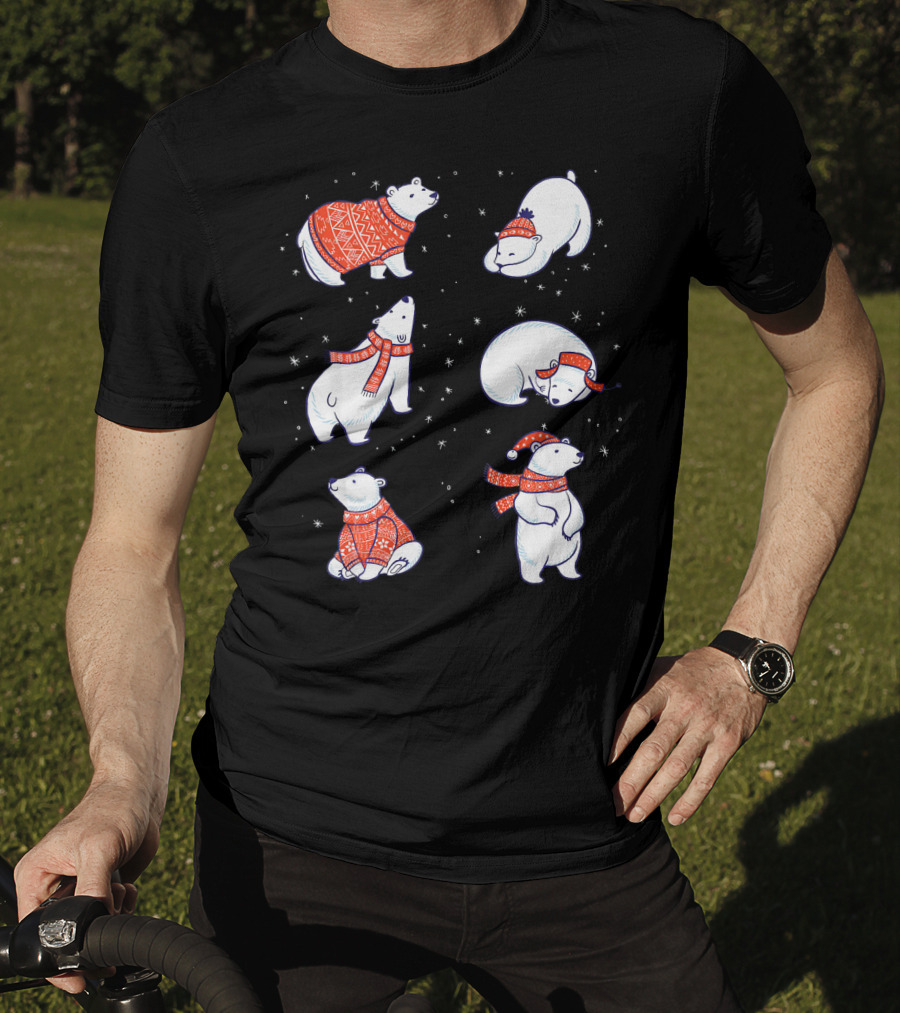 Cute Hand Drawn Polar Bear In Festive Red Sweaters And Scarves T-Shirt