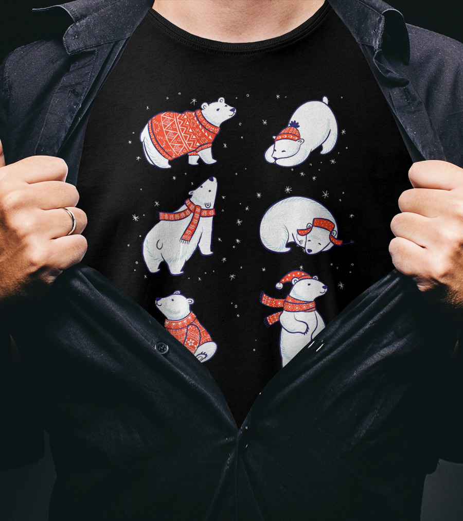 Cute Hand Drawn Polar Bear In Festive Red Sweaters And Scarves T-Shirt