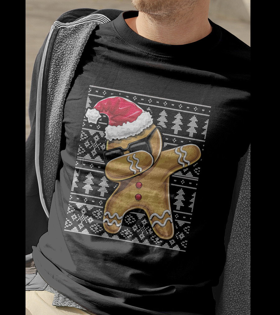 Ugly Christmas Dabbing Gingerbread Cookie Santa Hat T-Shirt