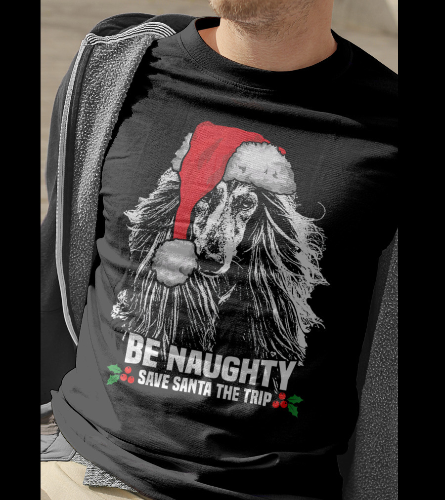 Be Naughty Save Santa The Trip Afghan Hound Santa Hat T-Shirt