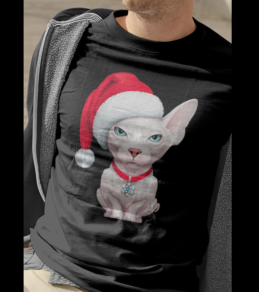 Sphynx Cat Santa Hat Christmas Holiday Festive Pet Charm T-Shirt