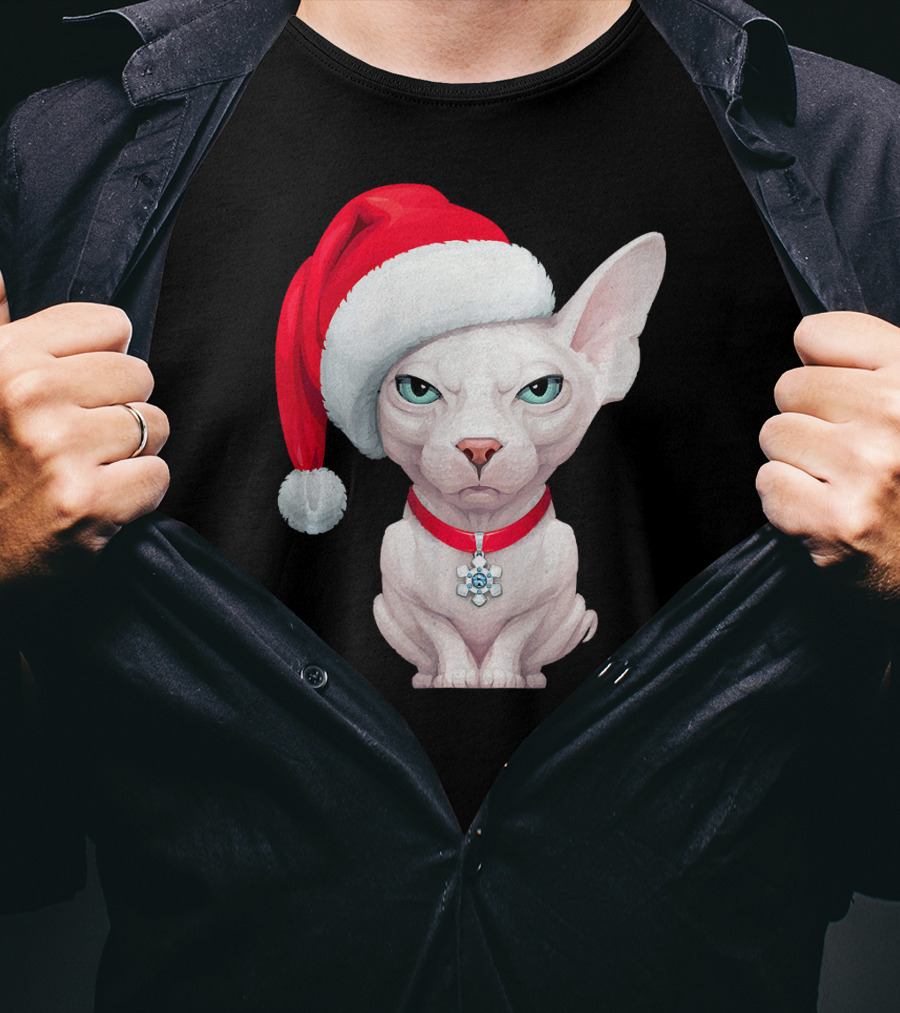 Sphynx Cat Santa Hat Christmas Holiday Festive Pet Charm T-Shirt