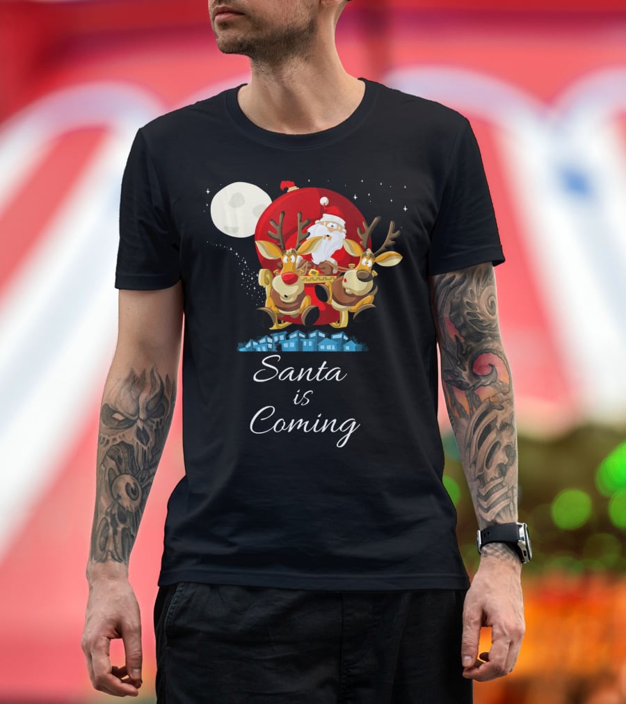 Santa Is Coming With Reindeer Sleigh Under The Moonlight T-Shirt