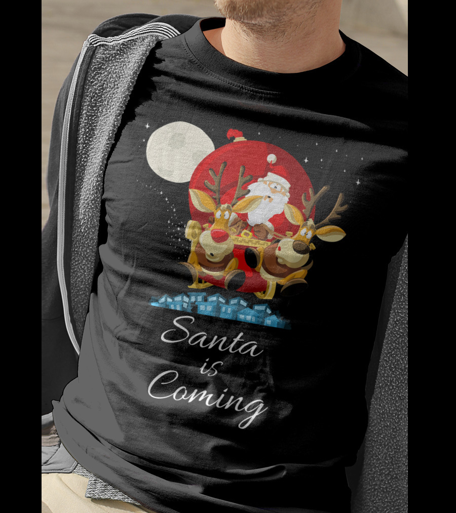 Santa Is Coming With Reindeer Sleigh Under The Moonlight T-Shirt