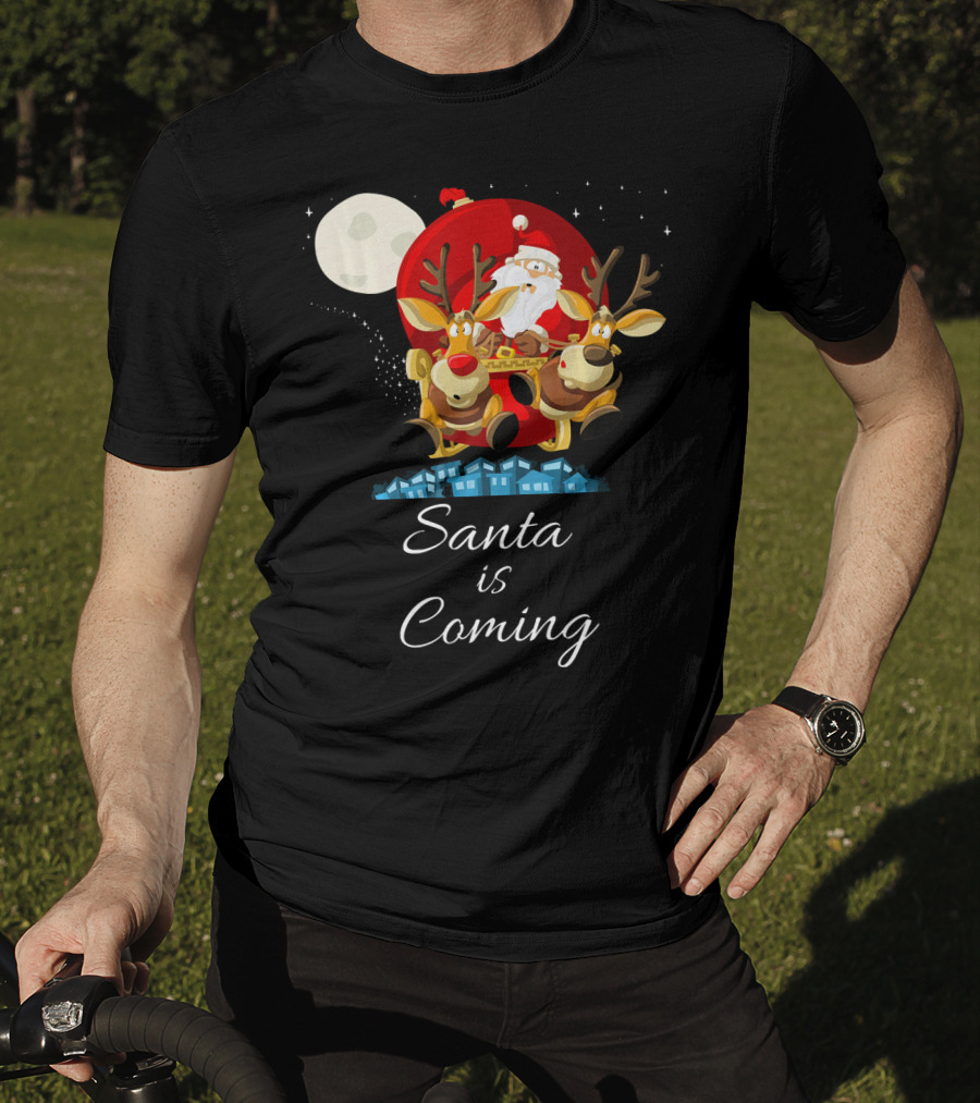 Santa Is Coming With Reindeer Sleigh Under The Moonlight T-Shirt