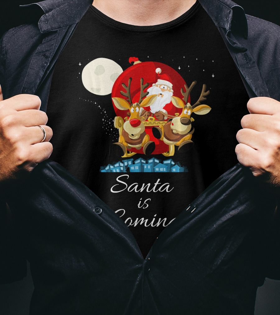 Santa Is Coming With Reindeer Sleigh Under The Moonlight T-Shirt