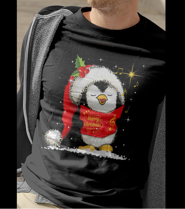 Tee89s Penguin Merry Christmas Song With Santa Hat And Music Notes T-Shirt