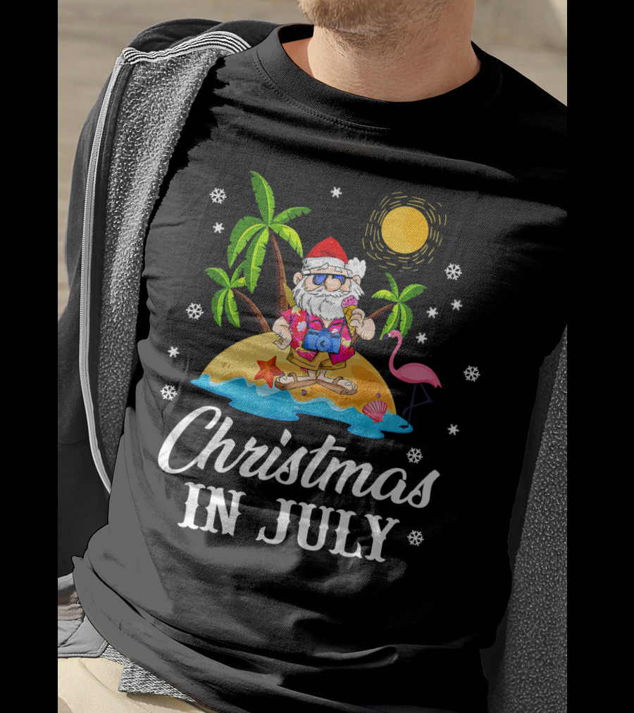 Christmas In July Flamingo Santa On Tropical Island With Palm Trees And Sun T-Shirt