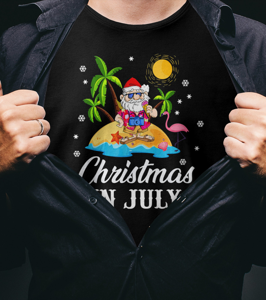 Christmas In July Flamingo Santa On Tropical Island With Palm Trees And Sun T-Shirt
