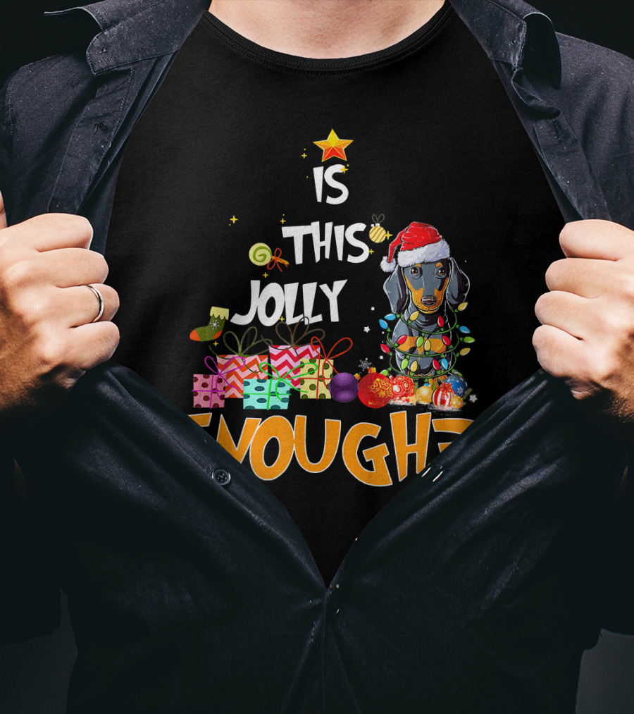 Is This Jolly Enough Dachshund Christmas Lights Santa Hat Gifts T-Shirt