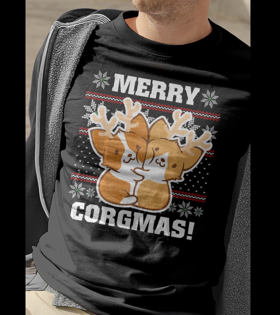 Merry Corgmas Ugly Christmas Sweater With Cute Corgis And Reindeer Antlers T-Shirt