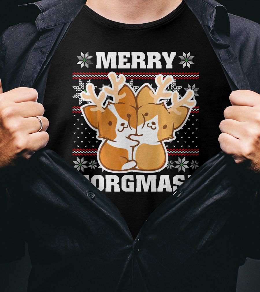 Merry Corgmas Ugly Christmas Sweater With Cute Corgis And Reindeer Antlers T-Shirt