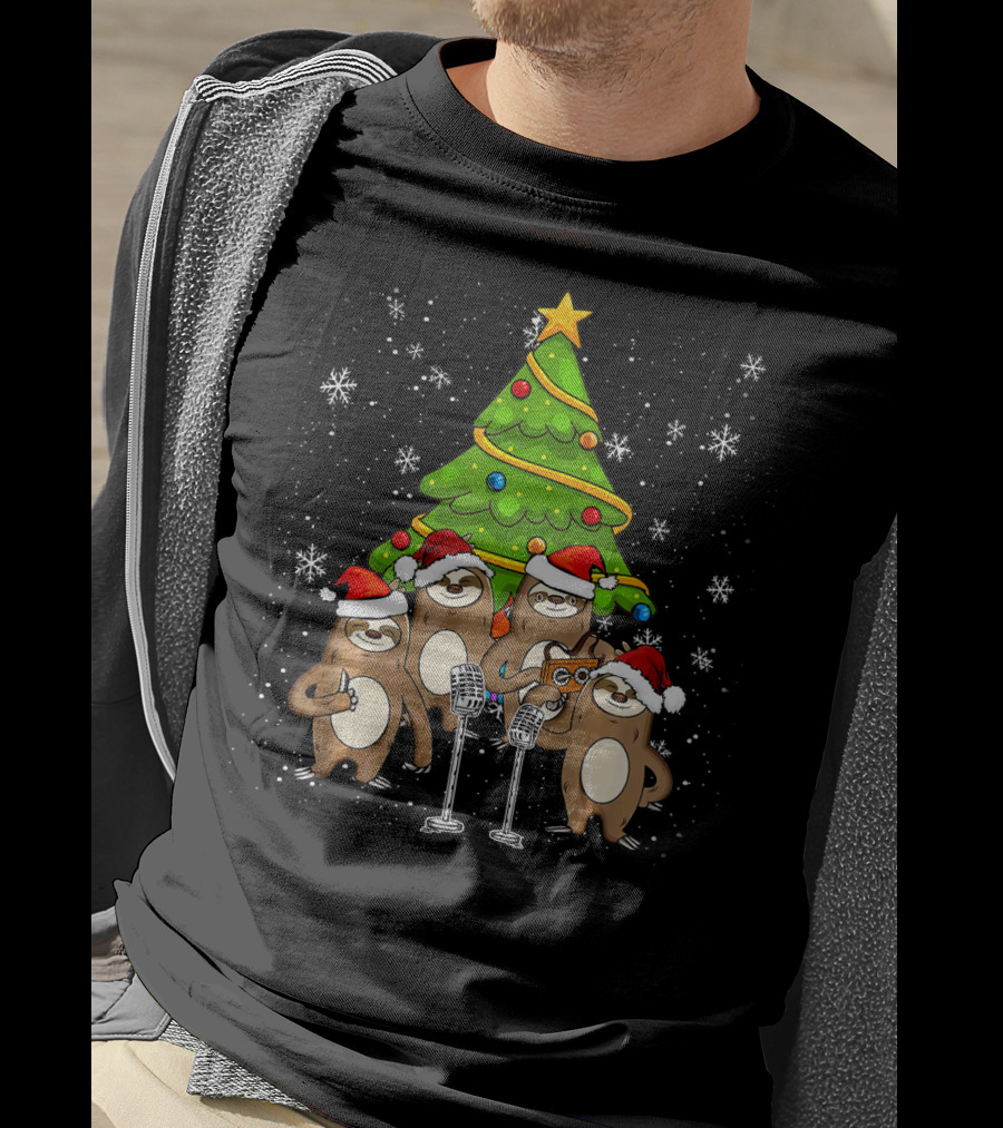 Santa Sloths Singing Festive Cheer Around Christmas Tree T-Shirt
