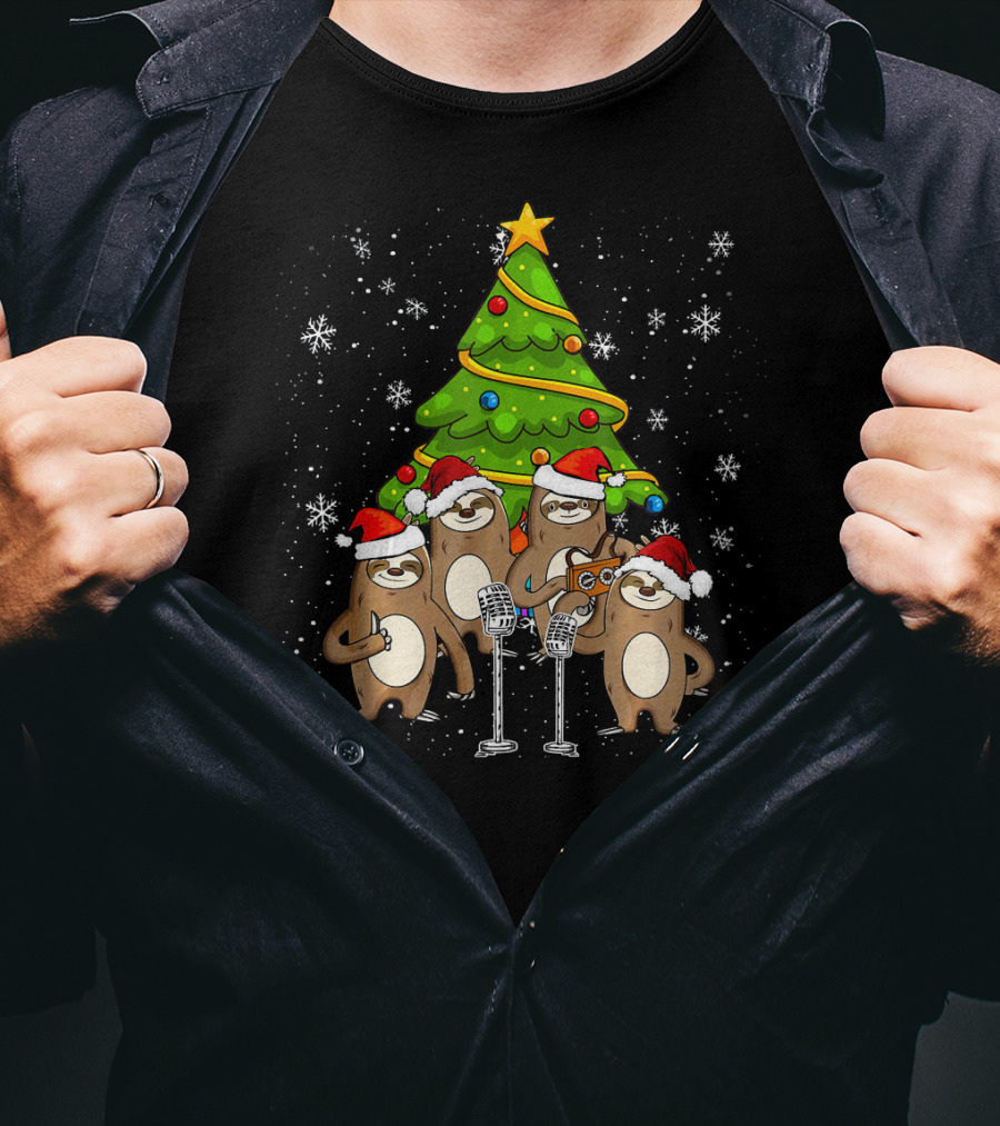 Santa Sloths Singing Festive Cheer Around Christmas Tree T-Shirt