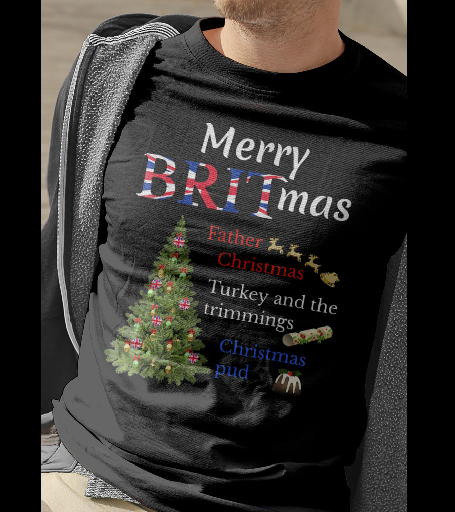 Merry Britmas Father Christmas Turkey And Trimmings Christmas Pud T-Shirt