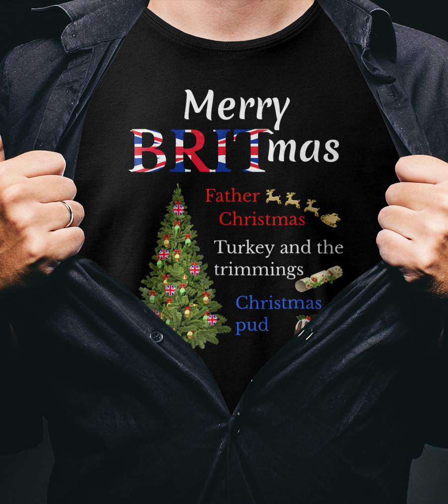 Merry Britmas Father Christmas Turkey And Trimmings Christmas Pud T-Shirt