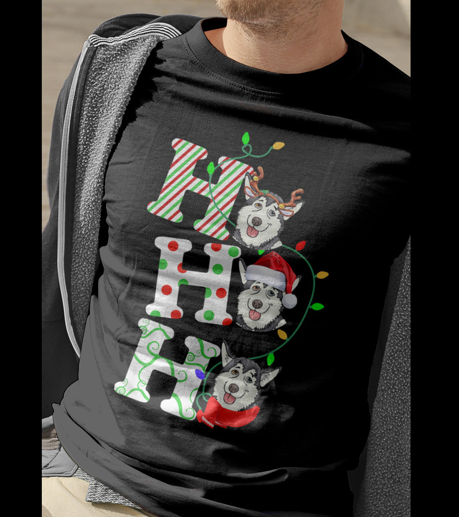 Ho Ho Ho Husky Santa Hat Reindeer Antlers Christmas Lights T-Shirt
