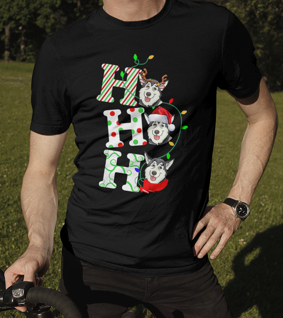 Ho Ho Ho Husky Santa Hat Reindeer Antlers Christmas Lights T-Shirt