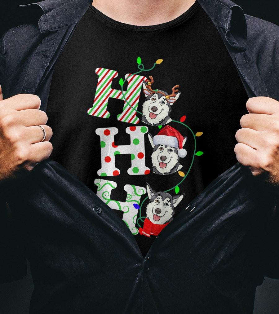 Ho Ho Ho Husky Santa Hat Reindeer Antlers Christmas Lights T-Shirt