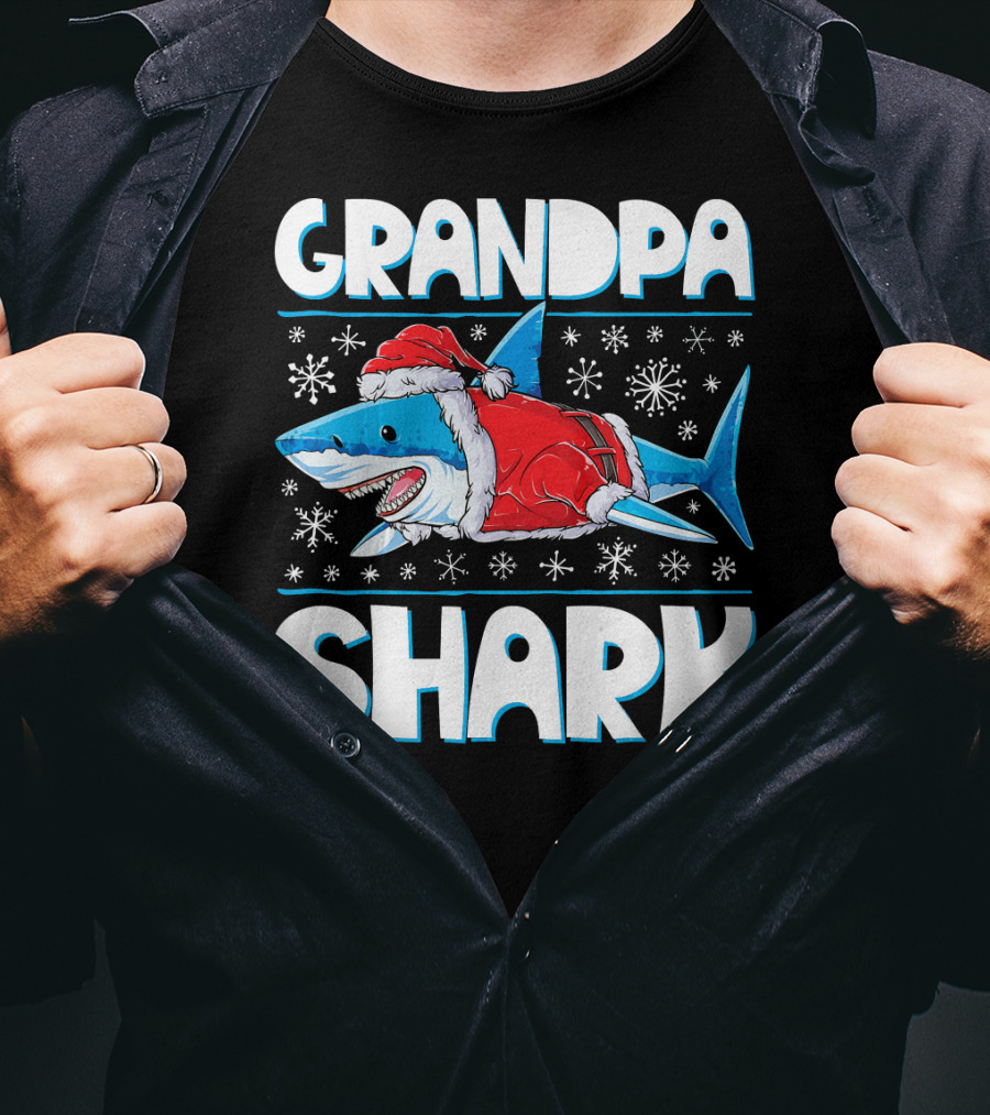 Grandpa Shark In Santa Hat With Snowflakes T-Shirt