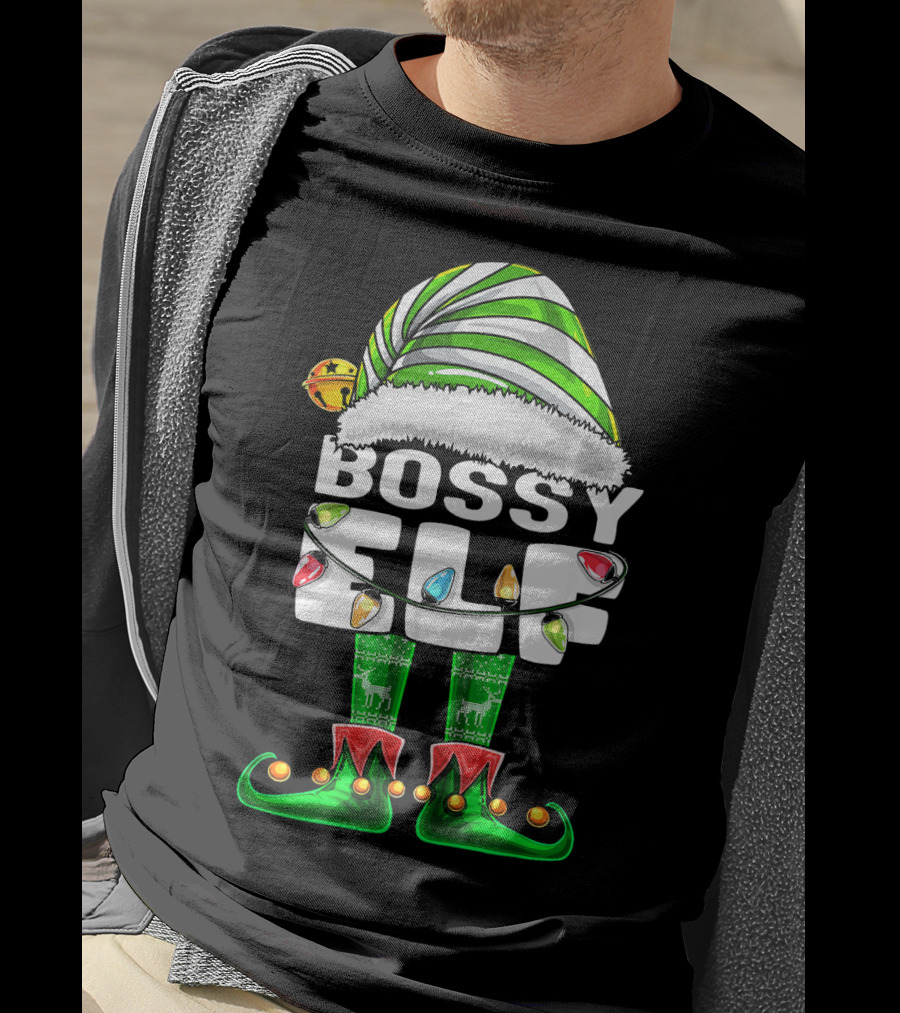Bossy Elf Christmas Family Matching With Hat And Lights T-Shirt