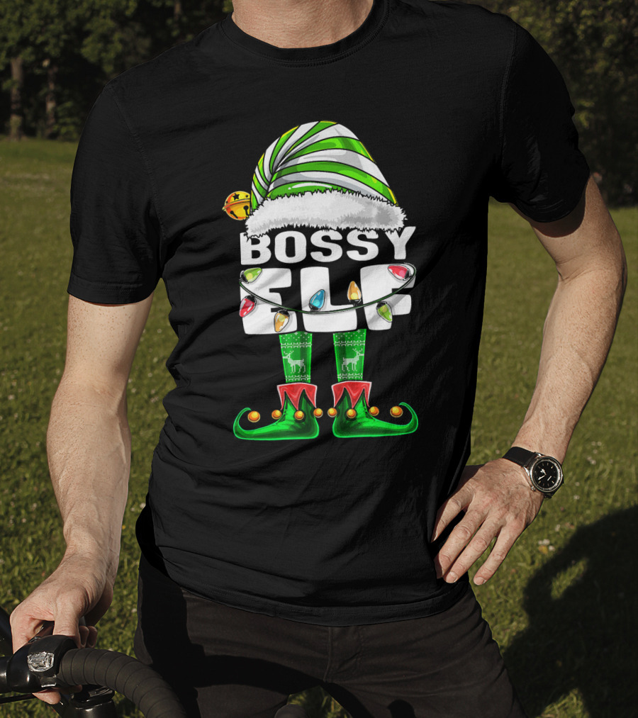 Bossy Elf Christmas Family Matching With Hat And Lights T-Shirt