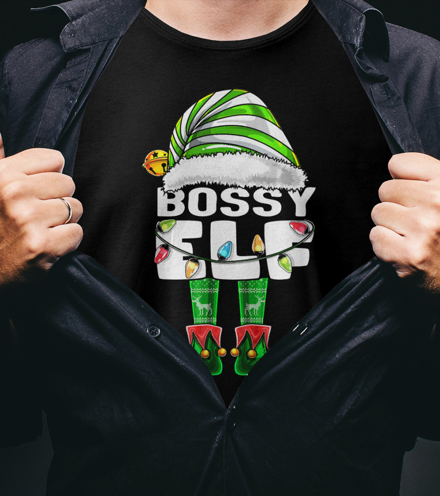 Bossy Elf Christmas Family Matching With Hat And Lights T-Shirt