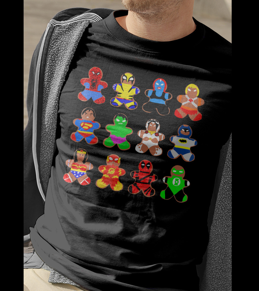 Superhero Gingerbread Man Spider-Man Wolverine Mystique Iron Man Superman Hulk Wonder Woman Flash Deadpool Batman Green Lantern T-Shirt