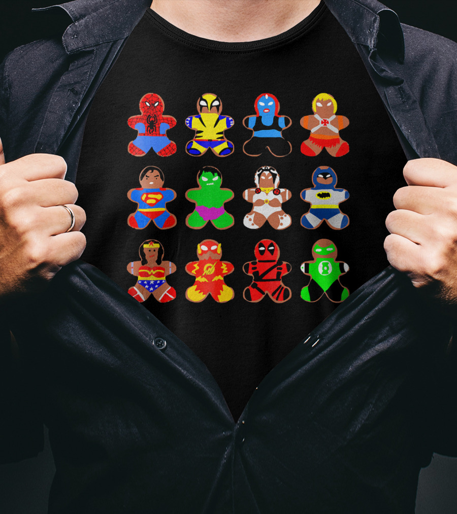 Superhero Gingerbread Man Spider-Man Wolverine Mystique Iron Man Superman Hulk Wonder Woman Flash Deadpool Batman Green Lantern T-Shirt