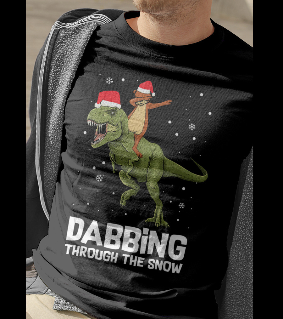 Dabbing Through The Snow Otter Rides Dinosaur Santa Hats T-Shirt