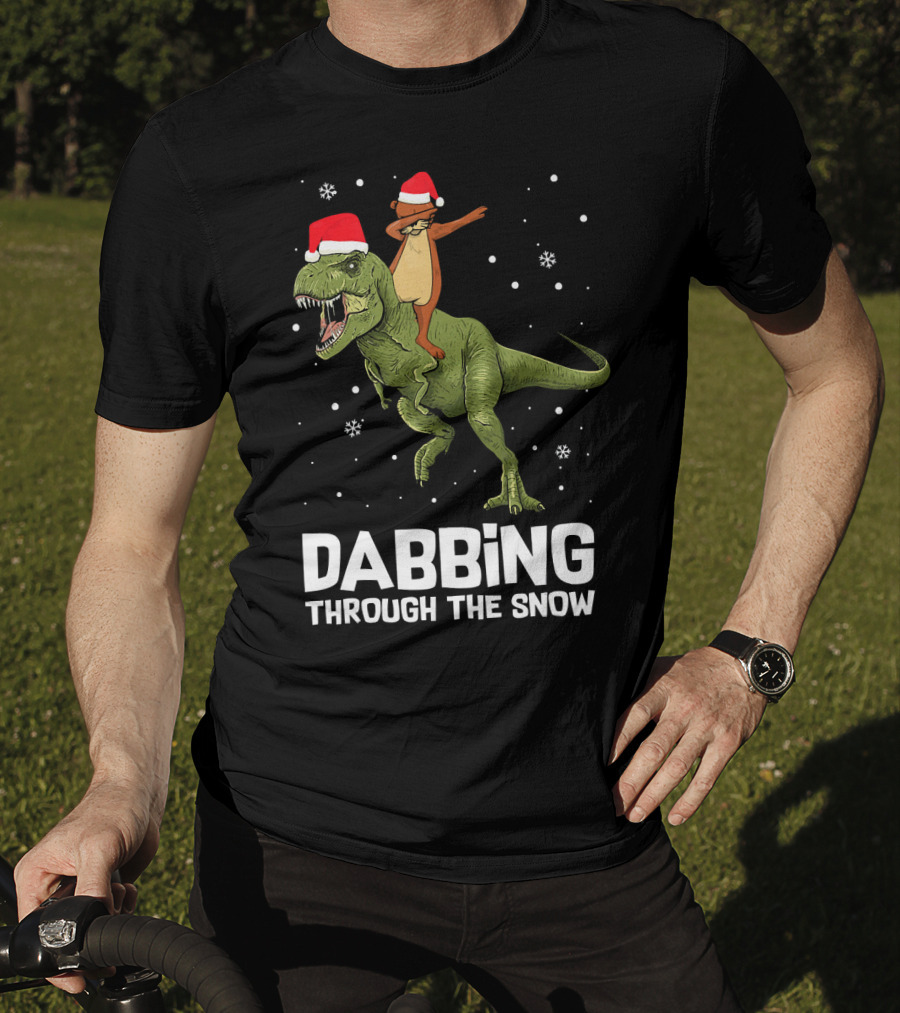 Dabbing Through The Snow Otter Rides Dinosaur Santa Hats T-Shirt