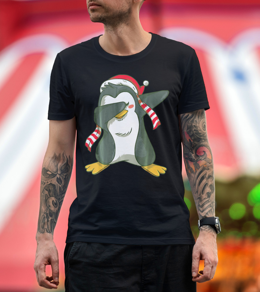 Dabbing Penguin in Santa Hat with Striped Scarf T-Shirt