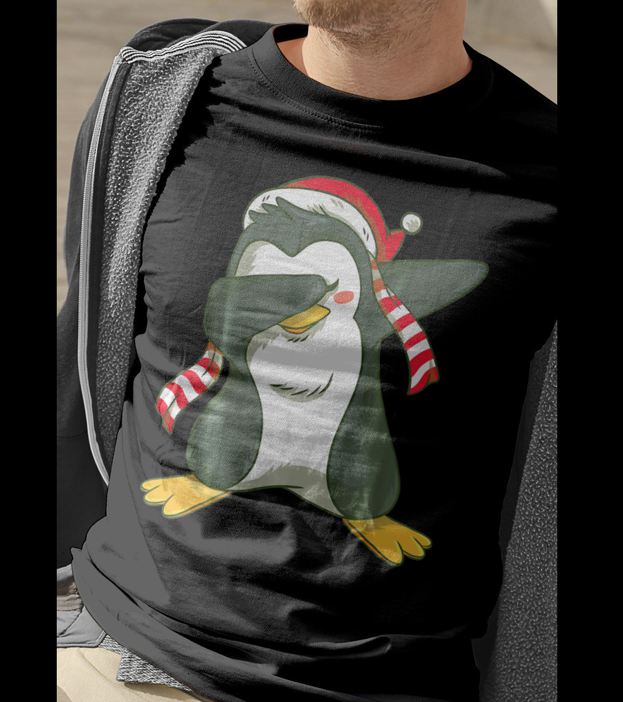 Dabbing Penguin In Santa Hat With Striped Scarf T-Shirt