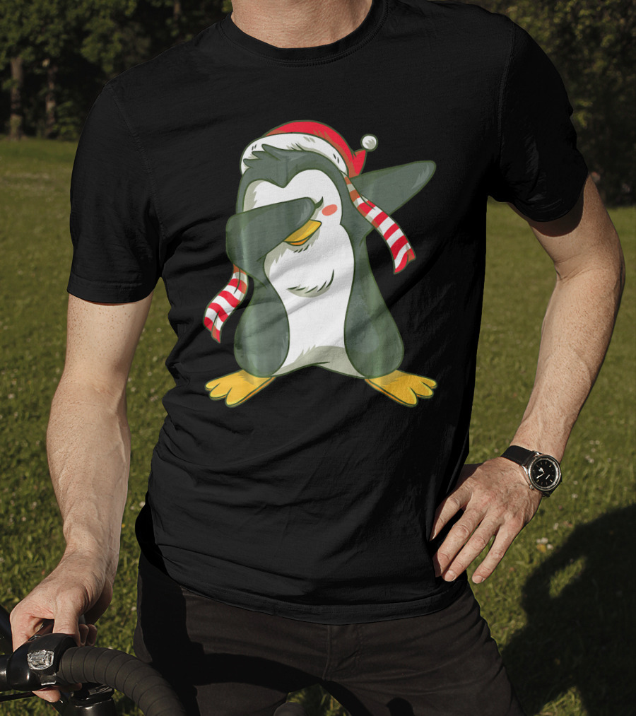 Dabbing Penguin In Santa Hat With Striped Scarf T-Shirt