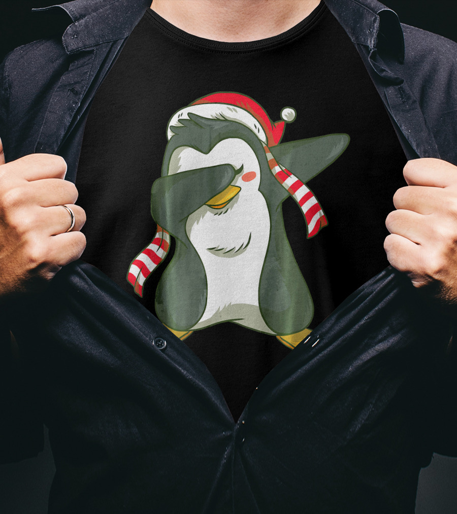 Dabbing Penguin In Santa Hat With Striped Scarf T-Shirt