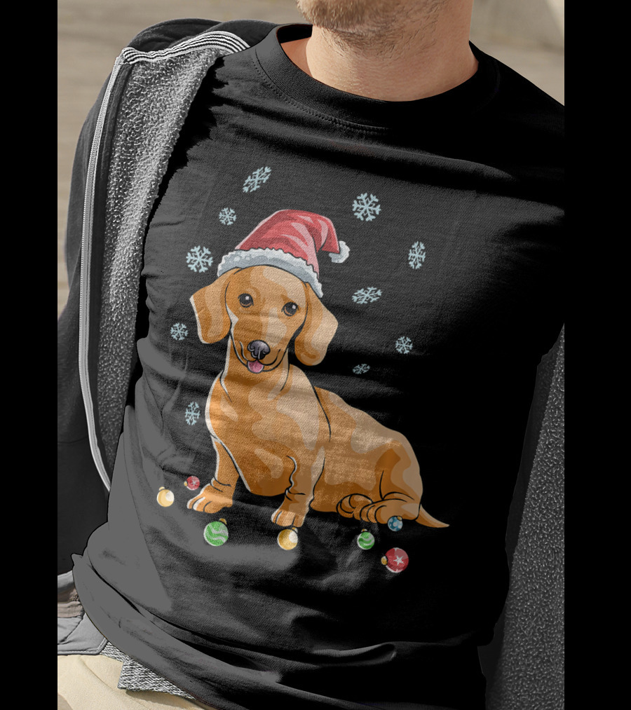 Wiener Dog Dachshund Puppy Santa Hat Snowflakes Holiday T-Shirt