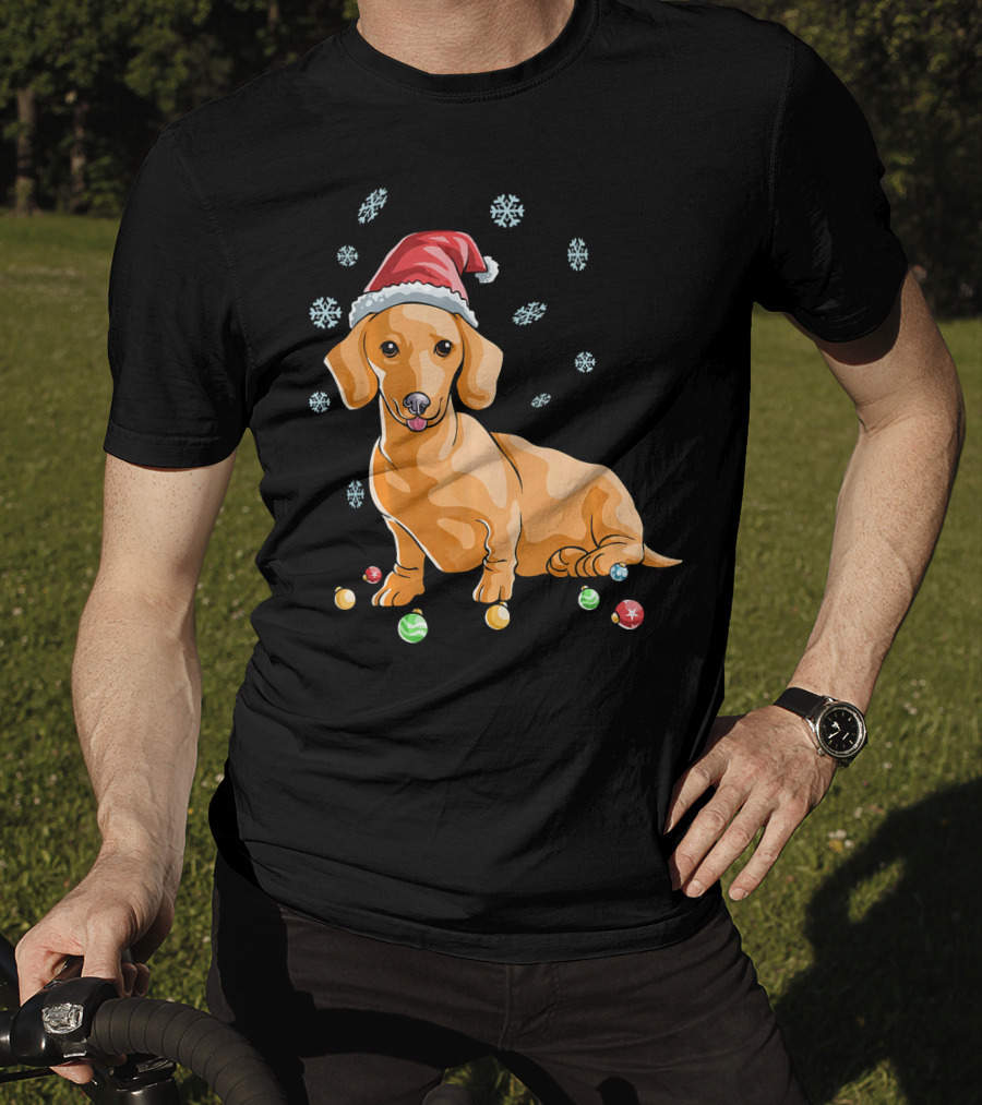 Wiener Dog Dachshund Puppy Santa Hat Snowflakes Holiday T-Shirt