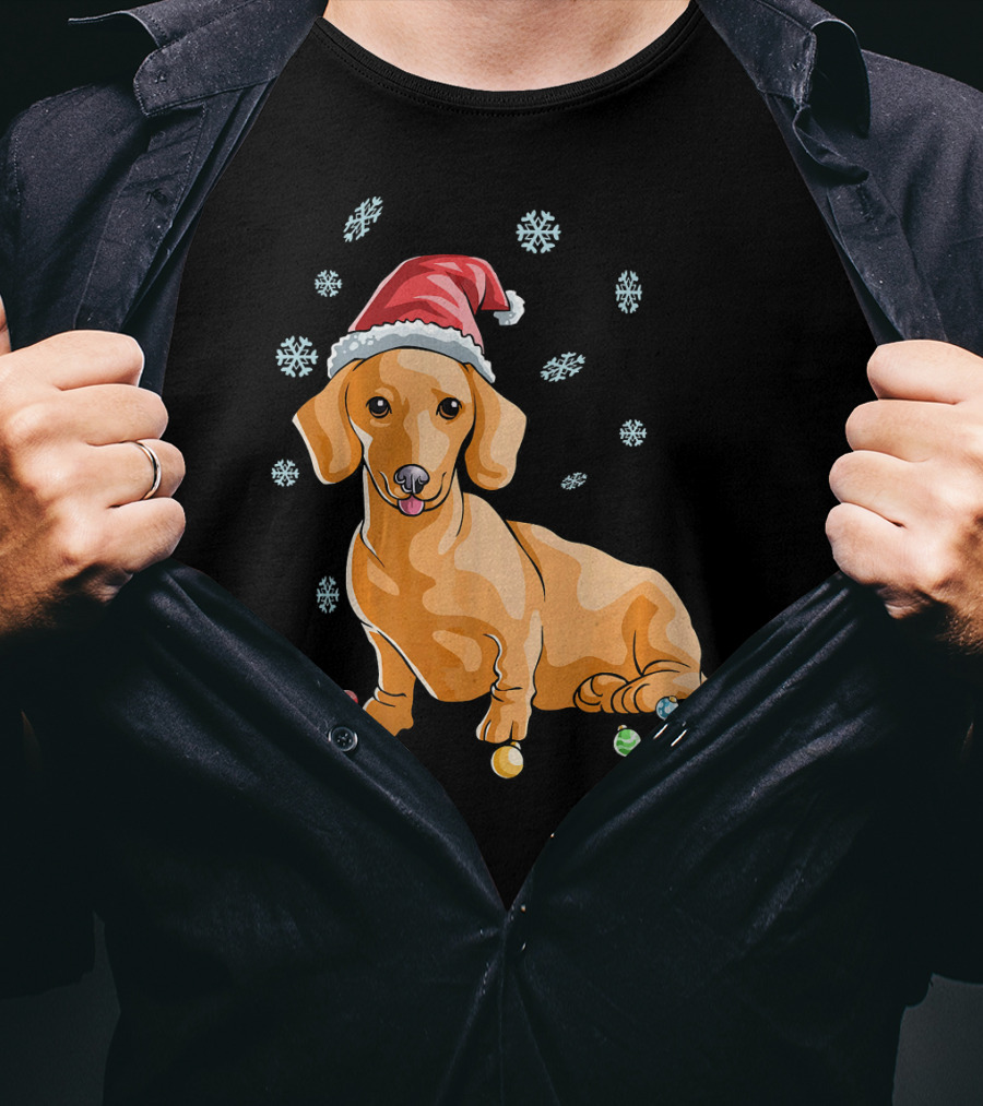 Wiener Dog Dachshund Puppy Santa Hat Snowflakes Holiday T-Shirt