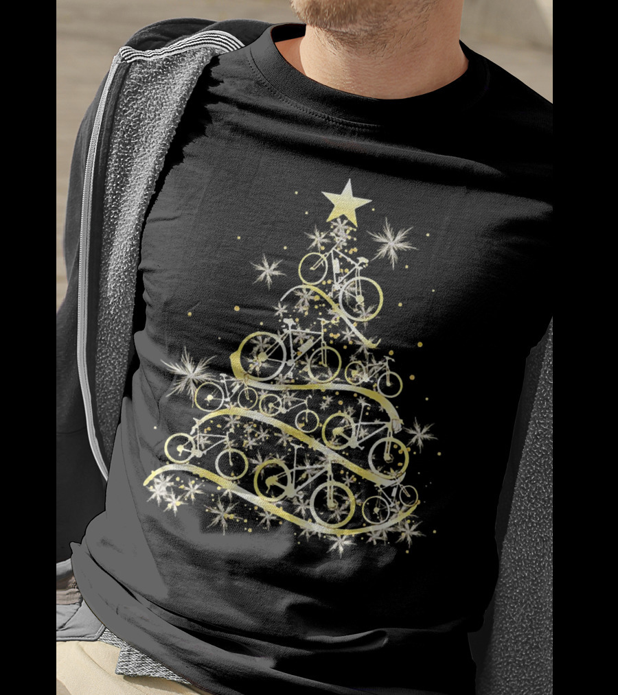 Bicycle Tree Christmas Biker Bike Festive Holiday Star T-Shirt