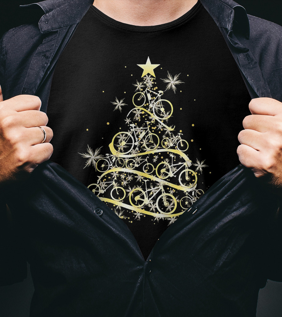 Bicycle Tree Christmas Biker Bike Festive Holiday Star T-Shirt