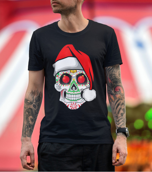 Premium T-Shirt: Jingle Jangle Christmas Sugar Skull Santa Hat Peppermint T-Shirt Jingle Jangle Christmas Sugar Skull Santa Hat Peppermint T-Shirt