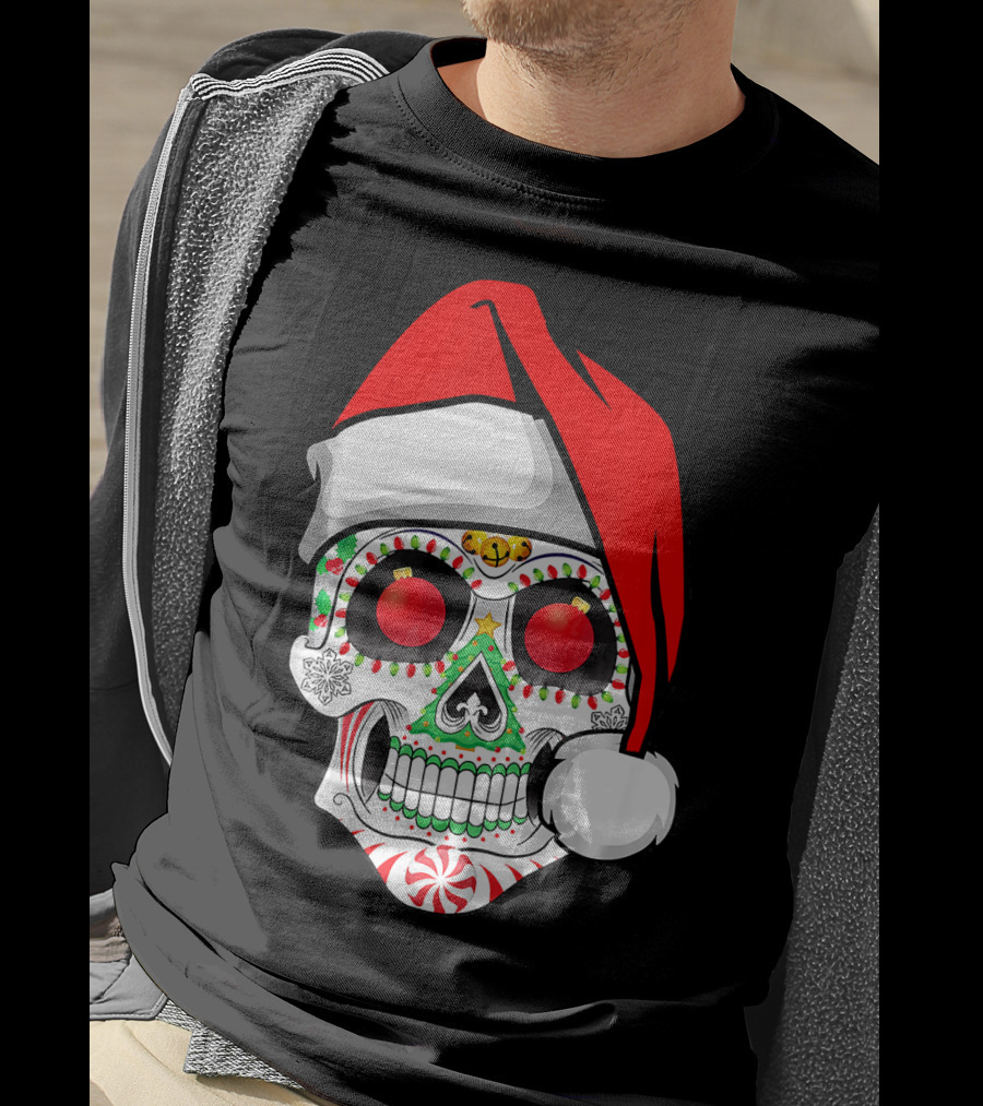 Jingle Jangle Christmas Sugar Skull Santa Hat Peppermint T-Shirt
