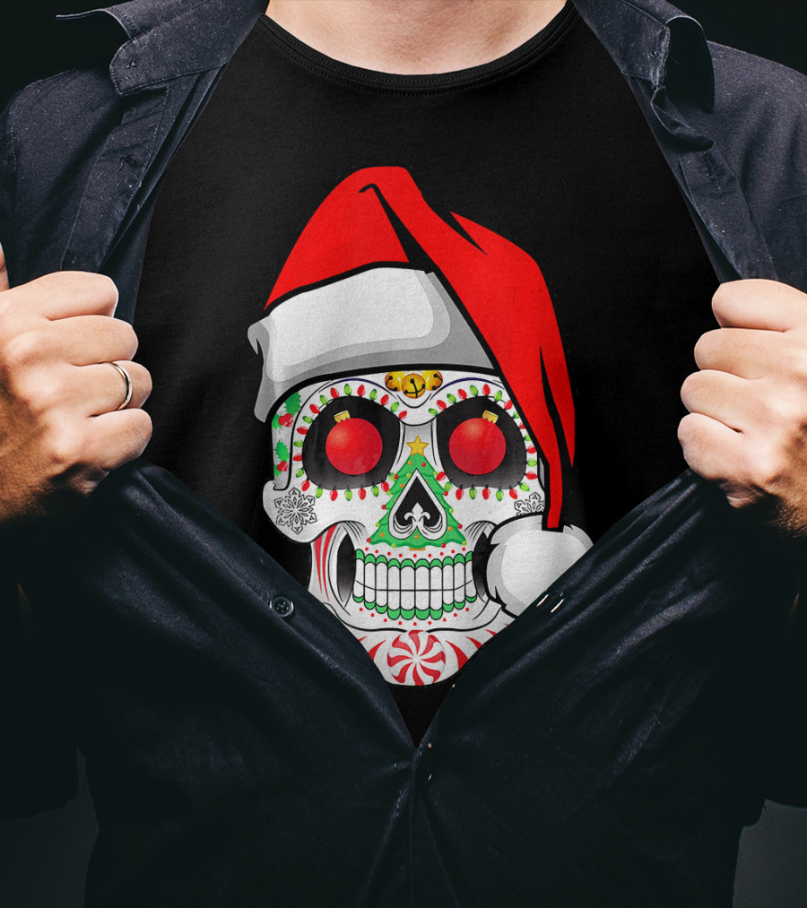 Jingle Jangle Christmas Sugar Skull Santa Hat Peppermint T-Shirt