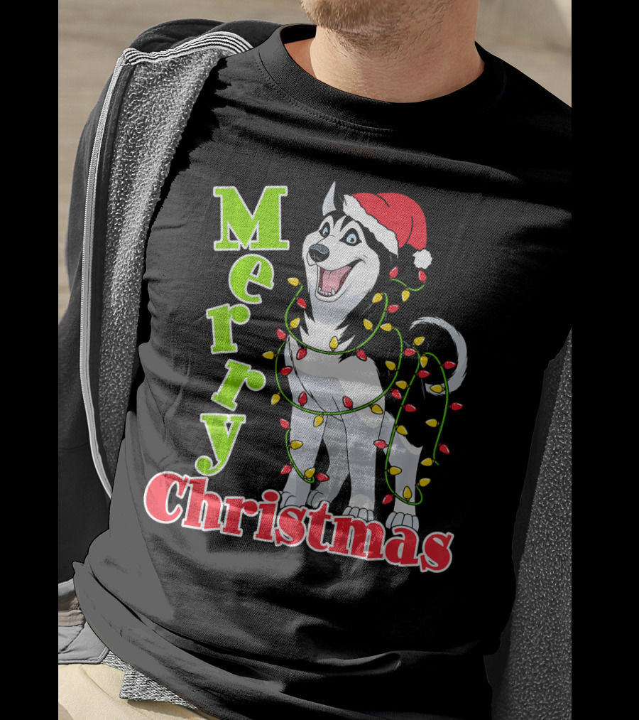 Merry Christmas Husky Festive Lights Holiday Santa Hat T-Shirt