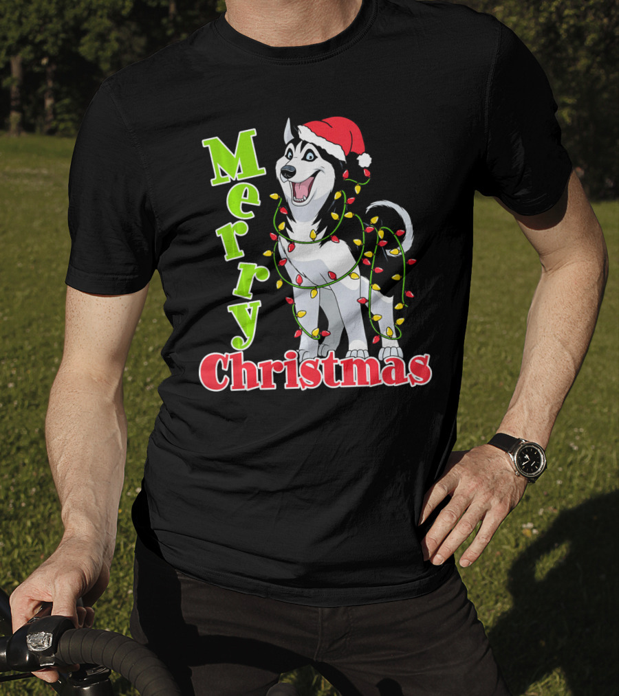 Merry Christmas Husky Festive Lights Holiday Santa Hat T-Shirt