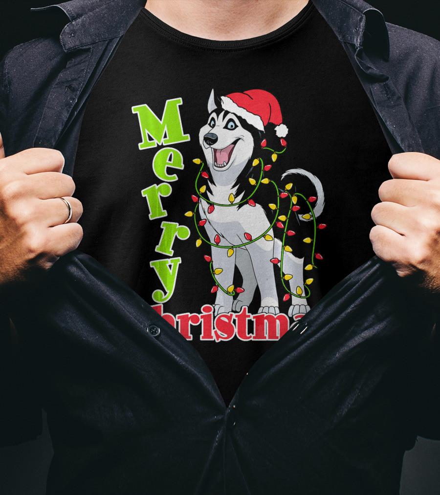 Merry Christmas Husky Festive Lights Holiday Santa Hat T-Shirt