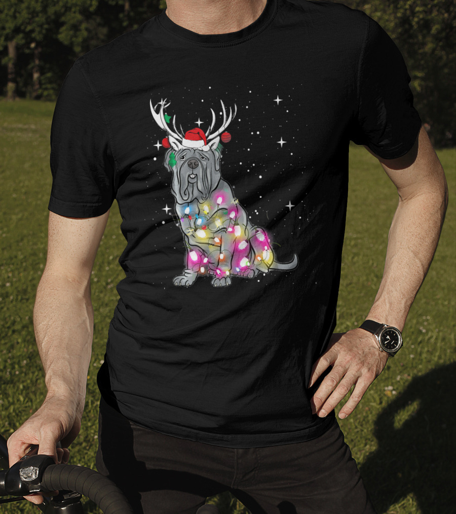 Neapolitan Mastiff With Christmas Lights And Santa Hat In Snowy Night T-Shirt