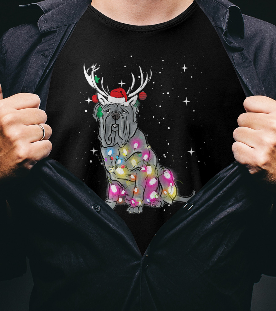 Neapolitan Mastiff With Christmas Lights And Santa Hat In Snowy Night T-Shirt