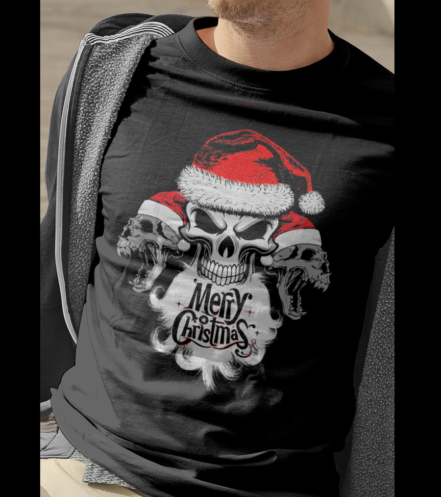 Merry Christmas Funny Skull Santa With Santa Hat And Beards T-Shirt