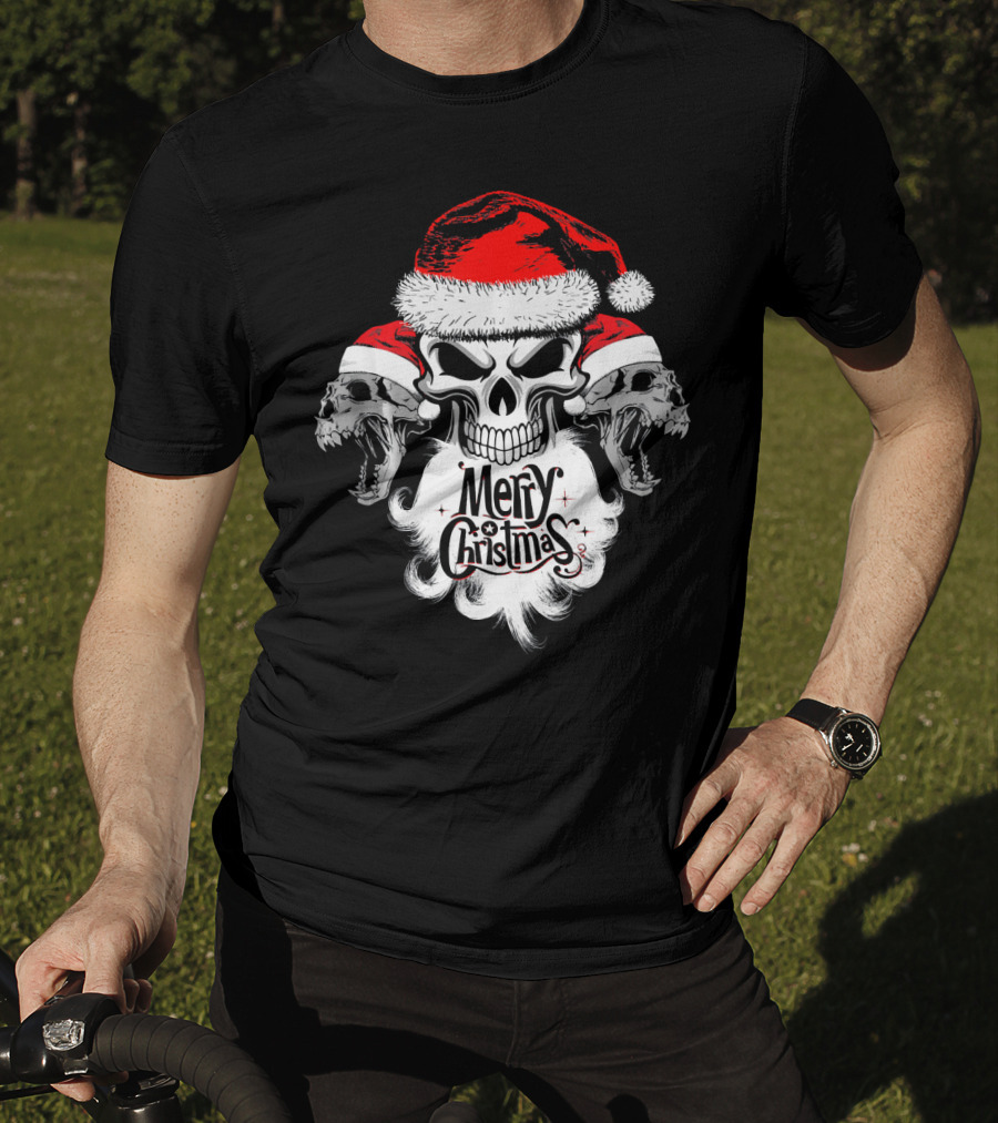 Merry Christmas Funny Skull Santa With Santa Hat And Beards T-Shirt
